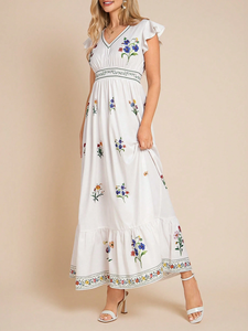 Robe maxi à manches courtes en coton 100% lavable, tissée blanche, taille haute, mode, brodée - Product Image 2