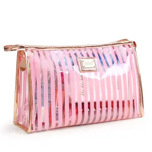 Custom Mode Strip Gedrukt Transparante Make-Up Beauty Bag Met Logo Roze Cosmetische Toilettas Reizen Rits Zak Cadeau Voor Meisjes