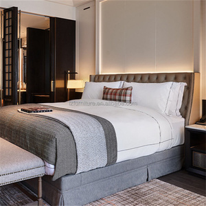 3 Star Hotel Project Bedroom Furniture <b>Sets</b> King Size Wood Bed Frame With Upholstered Headboard Ottoman <b>Side</b> <b>Table</b> & Nightstand - Product Image 1