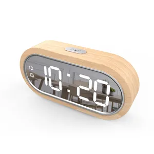 Alarm Clock LED Mirror Digital Wooden Thermometer Hygrometer Electronic Temperature Humidity Meter with Snooze USB Charger Clock