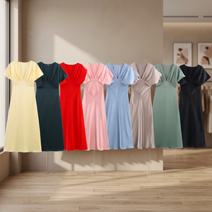 Vestido Midi de Seda Satén Tejido Natural Transpirable con Manga Corta Estilo Dulce y Chic para Mujer, Nueva Colección Verano 2026 - Product Image 3