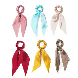 2022 Pure color Silk Satin Bowknot Twist Hair Scrunchies with Ribbon