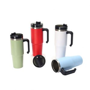 Gobelet isotherme de voyage 20oz 30oz avec poignée, en acier inoxydable, couvercle et paille, antidérapant, pour boissons chaudes et froides - Product Image 4
