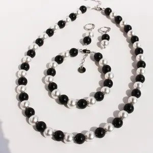 Small Original Design Aubai Shi Jia Pearl Necklace Glazed Black And White Beaded Bracelet AB Earrings Set 969