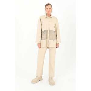 Chemise en cuir pour femme Mango avec détails en maille, beige, élégante, transparente, boutonnée, à porter au quotidien - Product Image 3