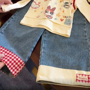 Tongxingyuan Girls Cartoon T-Shirt And Plaid Jeans Set Autumn Cotton Two-Piece Outfit Kids Fashion Clothes - Product Image 4
