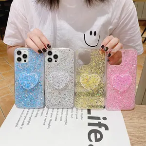 Hot sale shiny epoxy resin heart-shaped flashing phone case for iphone 13 case