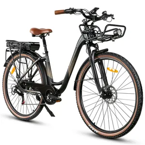 复古风格28英寸车架，带篮子36V13A SAMEBIKE新RS-A07 500瓦后电池金色供应商女性城市电动自行车