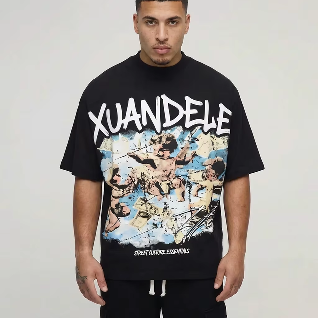 Oversized DTG Print Graphic T-Shirt Men Streetwear Heavyweight Cotton Tee Angel Graffiti Print Vintage Hip Hop Loose Fit T Shirt