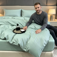 Parure de lit en coton vert sauge 4 pièces, housse de couette, drap et taies d'oreiller à rayures satinées pour la décoration de chambre à coucher