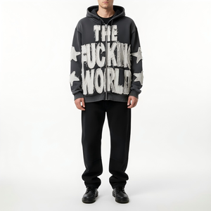 Commande en gros directe d'usine : Sweat à capuche unisexe surdimensionné avec fermeture éclair, broderie de lettres et patchs effilochés, en coton épais 400 g/m², pour tournées de concerts - Product Image 2