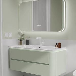 Pale green bathroom cabinet rounded-<b>corner</b> smart mirror cabinet white countertop washbasin suspended cabinet body - Product Image 1