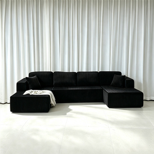 Canapé modulaire en velours côtelé sans structure en forme de L, compressé sous vide, tissu rayé noir, pour salon - Product Image 1