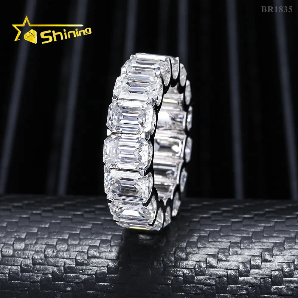 Graceful 925 Silver Gold Plated Women Jewelry Iced Out Classic Emerald Cut Eternity Moissanite Diamond Band Ring