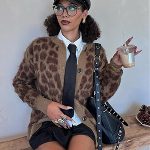Logotipo OEM Casual Leopardo Imprimir Cardigan XS das Mulheres Crewneck Manga Longa Botão Camisola De Malha Único Breasted Y2K <span class=keywords><strong>Cheetah</strong></span> <span class=keywords><strong>Print</strong></span> - Product Image 3