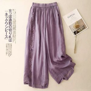 Women's Cropped Wide Leg Pants Purple Cotton Linen <b>Blend</b> Embroidered Loose Fit Casual Summer Pants - Product Image 1