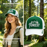 Casquette de baseball personnalisée avec logo, broderie 3D motif forêt et montagne, perforations laser, pour le camping en extérieur