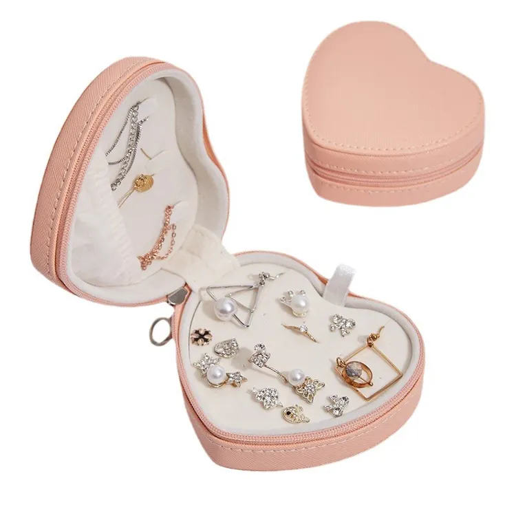 Wholesale portable heart shaped jewelry organizer women girls earrings ear stud storage case PU leather travel jewelry boxes