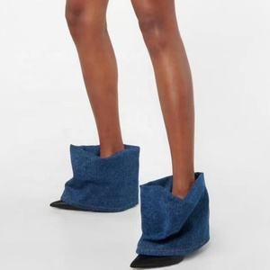 Custom Denim Folded Short Boots Thin High Heels Pointed Toe Mixed Color Overlay Ankle Booties Wide Top Women's Trend <b>Shoes</b> - Product Image 3
