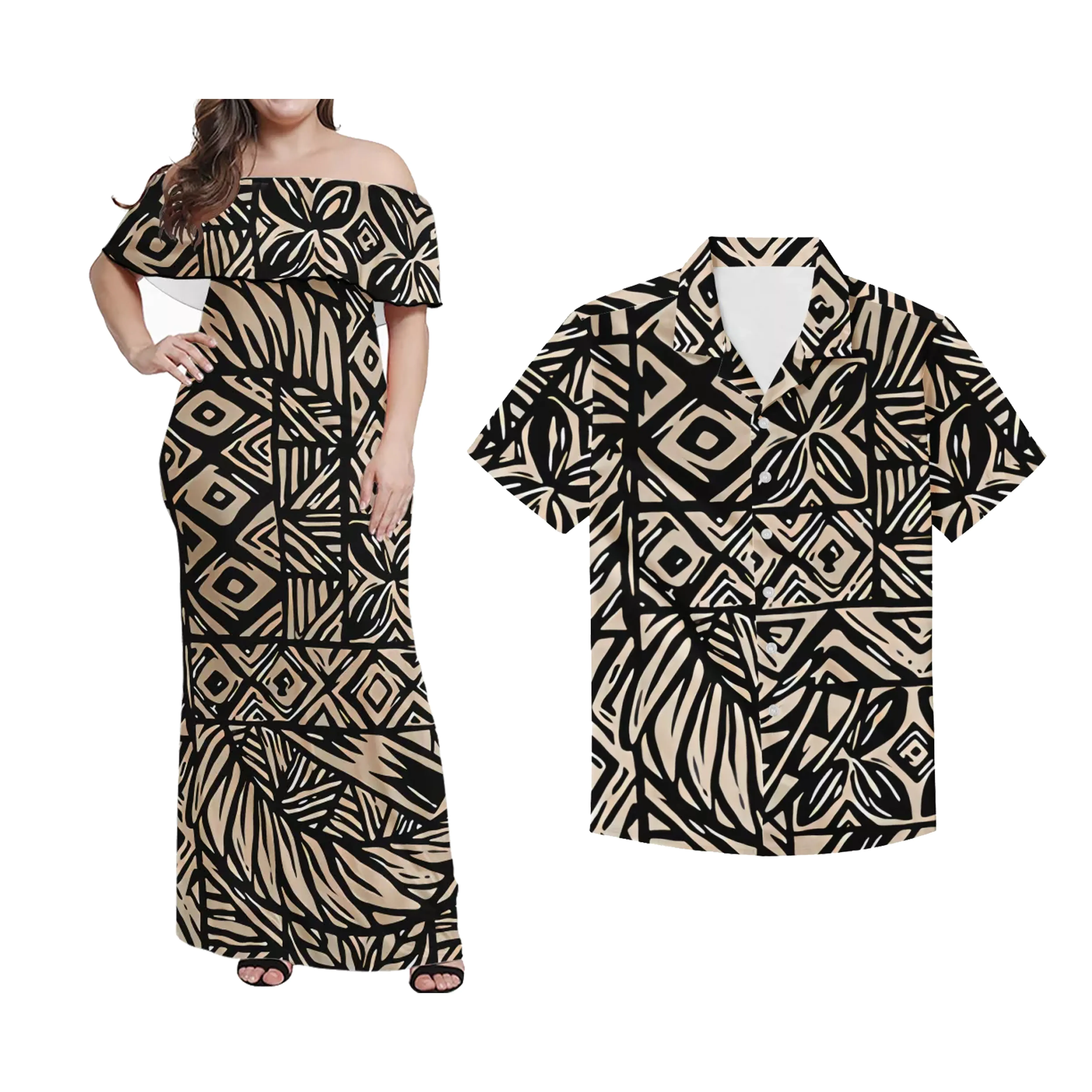 Moda yeni etnik desen giyim özel polinezya Tribal tasarım Puletasi giyim setleri rahat çiftler elbise ve gömlek