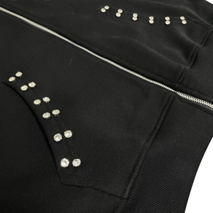 Sudadera con capucha negra extragrande de alta calidad ODM OEM para hombre, con cremallera, logotipo personalizado, adornada con perlas y piedras, ropa urbana gráfica. - Product Image 5