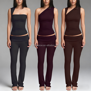 Mulheres equipado assimétrico sem mangas curto Top Skinny calças bordado personalizável tricô respirável. Desgaste Casual Verão - Product Image 1