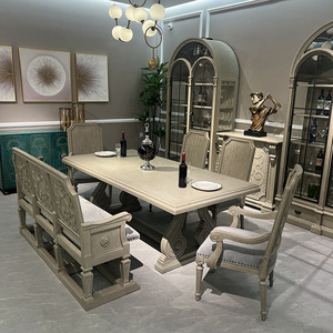 Ensemble de table à manger, chaise et armoire à vin en bois massif de style scandinave, finition brossée antique, style ferme, <span class=keywords><strong>hôtel</strong></span>, restaurant, OEM - Product Image 1
