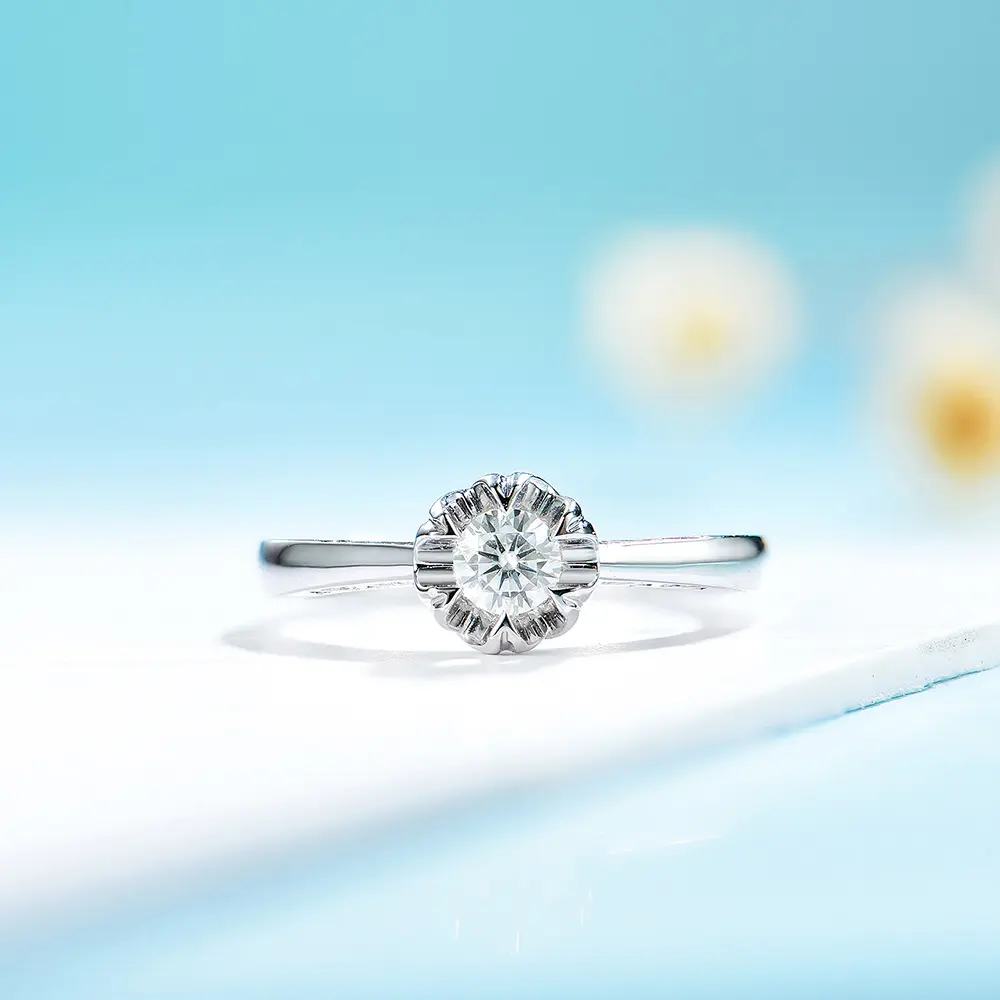 0.5 ct Floral Band Solitaire with Side Accents Engagement Ring 10K white Gold Synthetic Diamond HPHT CVD Diamond Ring