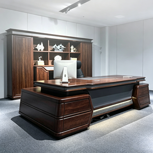 <span class=keywords><strong>Scrivania</strong></span> Direzionale di Lusso in Pelle e Legno con Cassetti Portaoggetti, Armadietto e Libreria, Arredamento Ufficio Moderno - Product Image 3