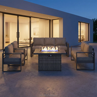 Ensemble de canapés d'extérieur de luxe moderne avec structure en aluminium gris et table brasero au propane, mobilier de jardin et de terrasse, groupe de salon à assise profonde