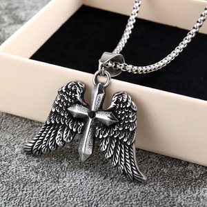 Stainless Steel <b>Cross</b> Wing Pendant Necklace Unisex Fashion Jewelry Gift for Men Women Geometric Design Asymmetry Style - Product Image 2