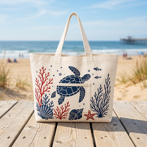 Bolsa de Compras de Algodón con Estampado de Tortuga Marina, Bolsa de Compras de Algodón con Diseño de Coral y Estrella de Mar - Product Image 4