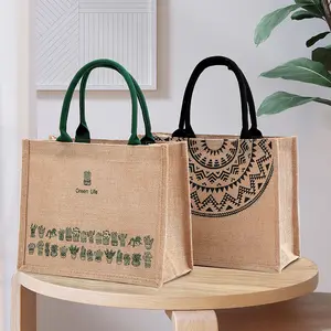 थोक पुन: प्रयोज्य मुद्रण प्राकृतिक बर्लेप लिनन के कपड़े उपहार खरीदारी ढोना जूट बैग के लिए उपहार