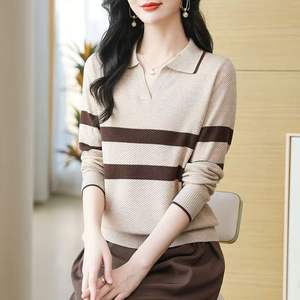 Jersey holgado de alta calidad para mujer, apliques de cuello con lazo, ropa de invierno, Tops de punto a rayas transpirables cómodos para mujer, venta al por mayor - Product Image 5