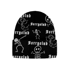 Logotipo personalizado Y2K Beanie Hat para mulheres e homens Acrílico Pompom malha Outono Inverno Designer Padrão Print Skully