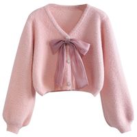 Automne/hiver Imitation vison cheveux pull court femmes épais fourrure haut en tricot avec grand nœud tricoté Cardigan pull manteau