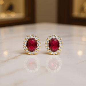 Orecchini classici con rubini in oro massiccio 18 carati, taglio brillante rotondo, con alone di diamanti, gioielli da sposa per donna - Product Image 2