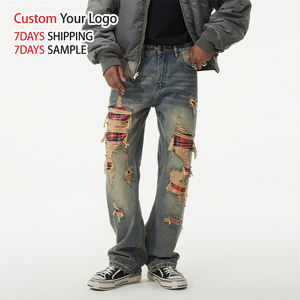 Jean en denim vintage délavé de haute qualité, coupe large, style streetwear, effet usé personnalisé, coupe droite, baggy, déchiré pour homme - Product Image 1