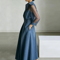 Robes longues vintage coupe trapèze taille haute à revers, avec poches boutonnées, en maille transparente, couleur unie et empiècements