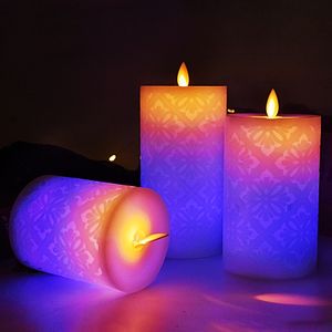Bougie pilier en <span class=keywords><strong>cire</strong></span> de paraffine LED sans flamme de luxe, sculptée à la main, personnalisée, 3 pièces avec télécommande, flamme mobile pour la décoration de la maison et des événements - Product Image 1