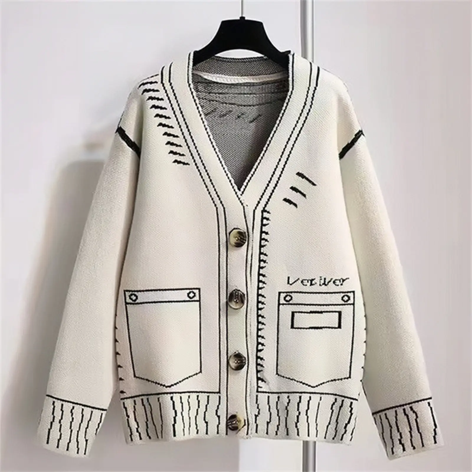 New arrival women knit Sweater Cardigan white and black cheap women's cotton v neck sweater