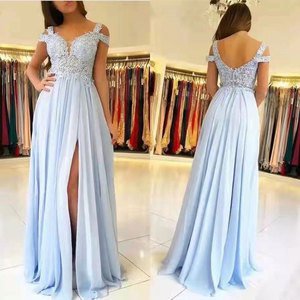 Chiffon Long Evening Dress A-Line Sweetheart Neckline Empire Waist Slit Formal Party Gown Sky Blue - Product Image 1