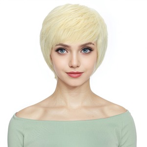 Perruque <span class=keywords><strong>courte</strong></span> 100 % cheveux humains naturels, fabriquée à la machine, sans lacet, 4 pouces, mélange blond 613, noir et blanc, pour femmes, <span class=keywords><strong>coiffure</strong></span> sans frange - Product Image 4