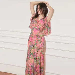 Diseñador de moda de las señoras de la primavera de impresión floral con cuello en V mangas cortas playa elegante Maxi vestido largo