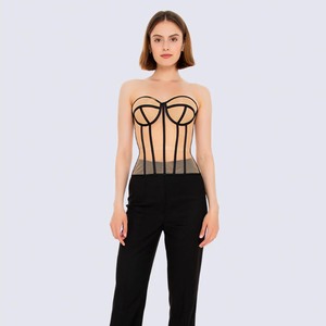 Top bustier en maille transparente sans bretelles, coupe cœur, avec baleines, dos lacé, bordure contrastante, effet sculptant la taille, idéal pour les soirées - Product Image 3