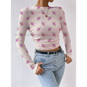 Solid Color Slim Long Sleeve Plaid Round Neck Women's T-Shirt Drawstring <b>Tops</b> Fashion - Product Image 5