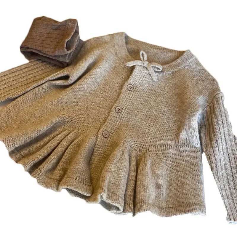 2023 encantador gris Otoño Invierno niños pequeños niñas acanalado lana tejido Top Peplum suéteres cárdigan tamaño 6 a 10