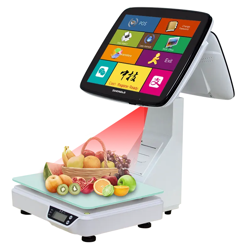 Zhongji 2023 New in vé dual-màn hình cảm ứng trắng 15.6 "Tất cả trong một POS hệ thống PC tiền mặt đăng ký cảm ứng POS có trọng lượng quy mô/