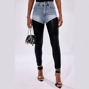 Jean en denim unisexe asymétrique taille mi-haute avec empiècements en PU, coupe ample à jambe large, longueur intégrale, style bohème, idéal pour le printemps - Product Image 1
