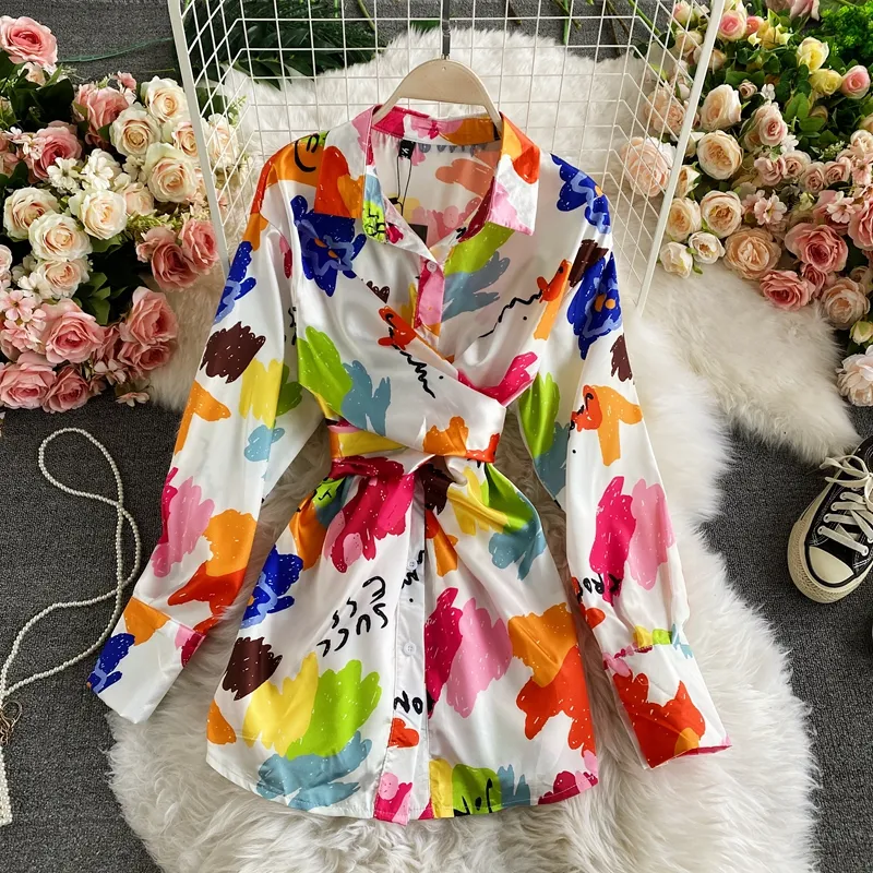 Vintage Socialite Elegant Dress Mid-Length Shirt Women's Fashion Tie Waist Slimming Irregular Tie-Dyed Satin Shirt Fashion Top